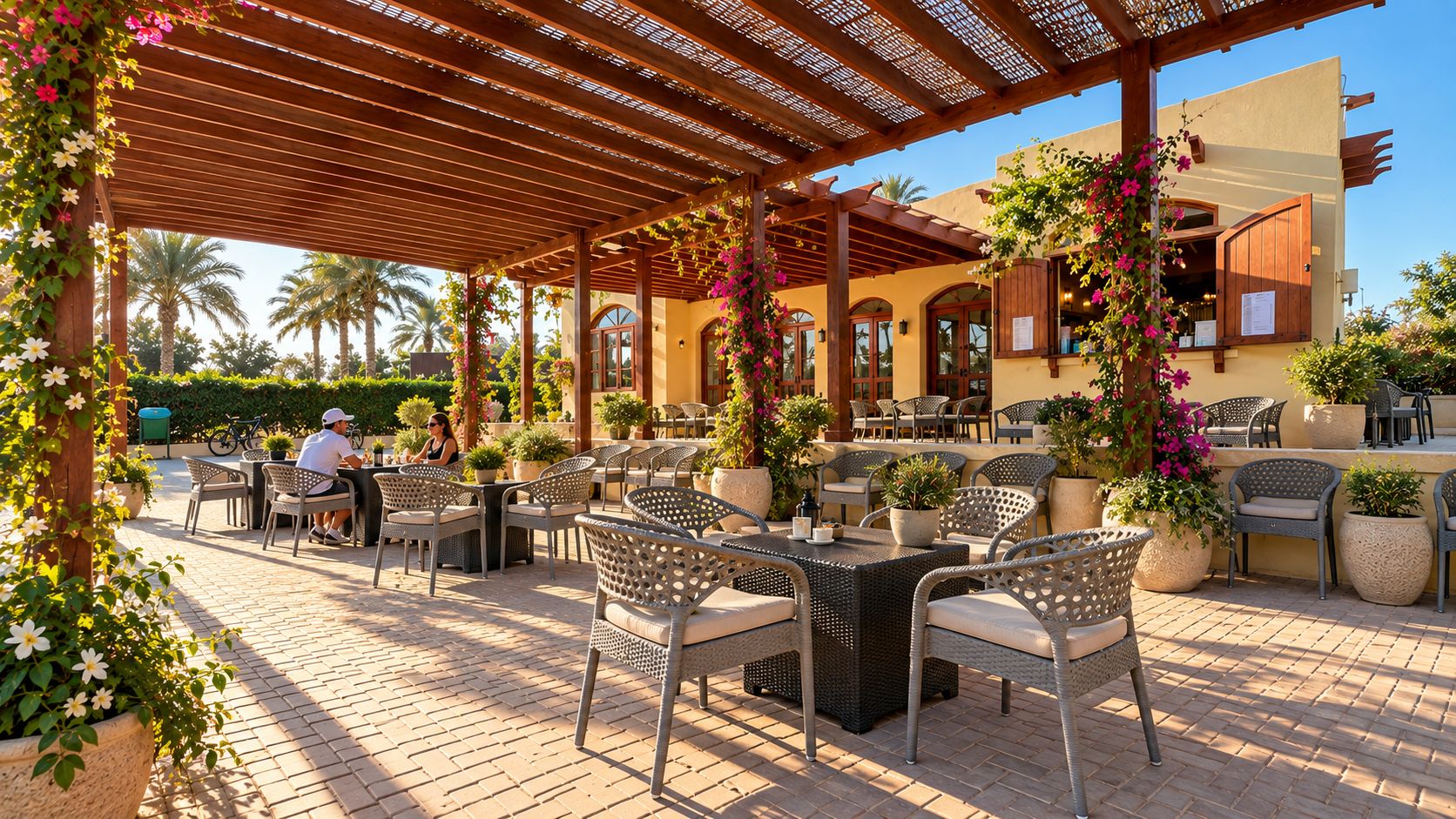 The clubhouse terrace under a wooden pergola with bougainvillea and palms