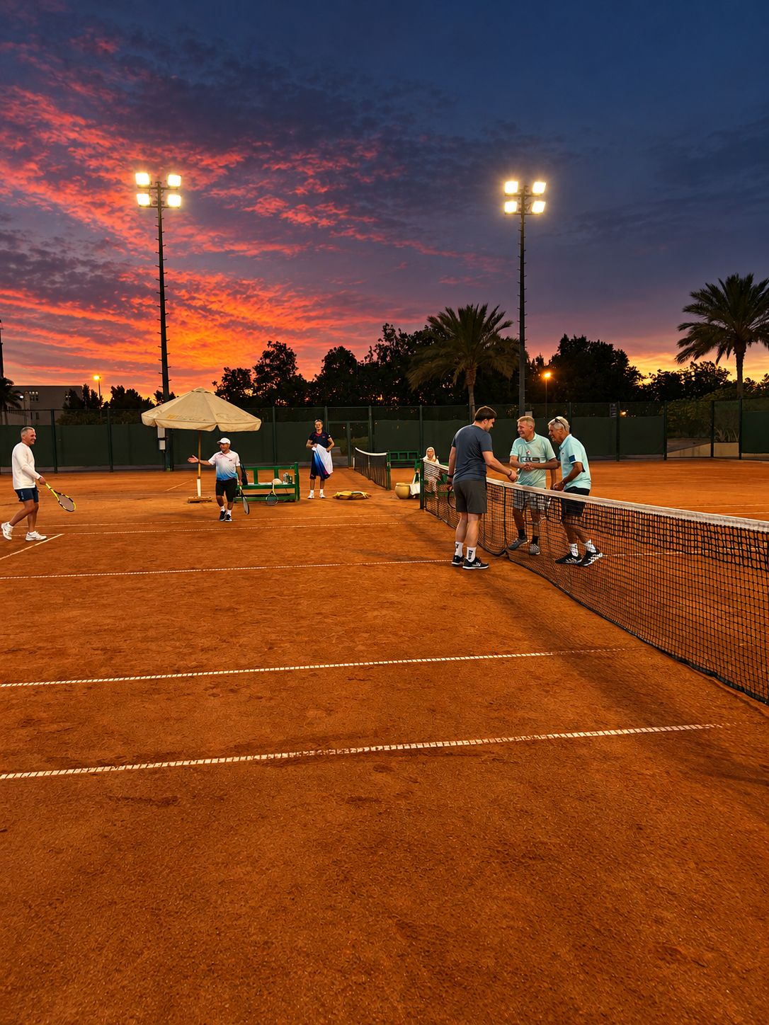 Players shaking hands at the net after an evening doubles match on clay