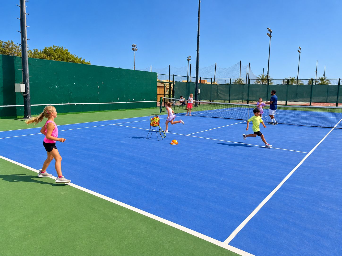Junior academy players running drills with a coach on a hard court