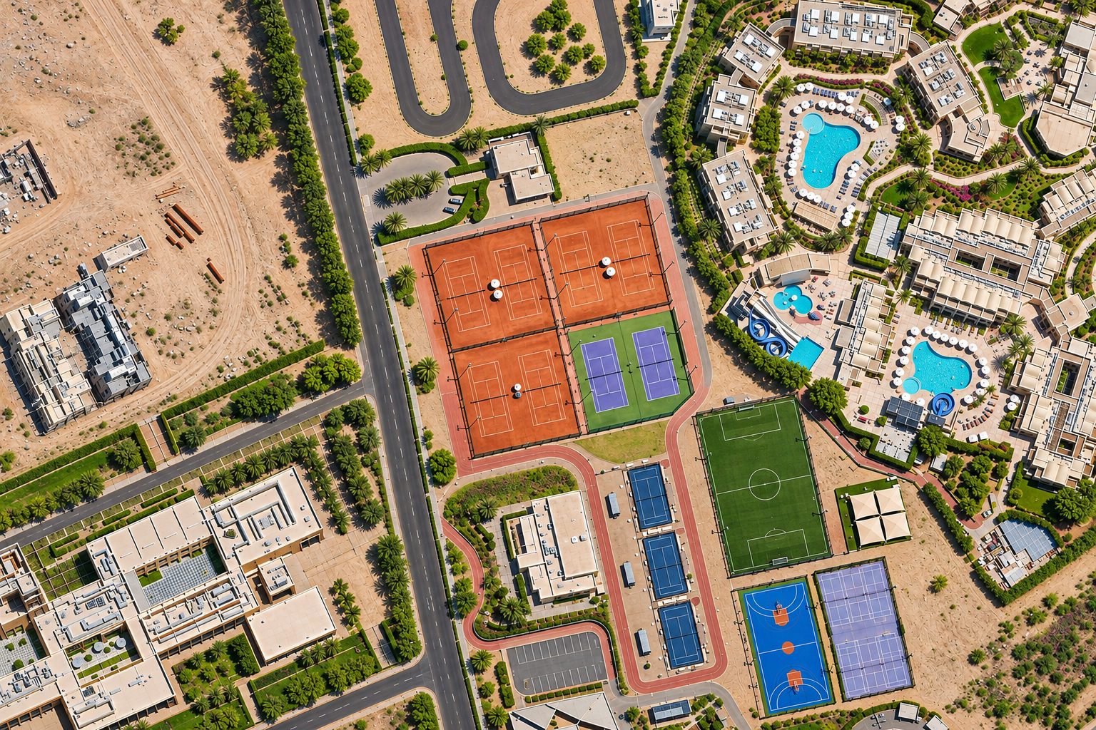 Aerial view of El Gouna Tennis Club's clay and hard courts