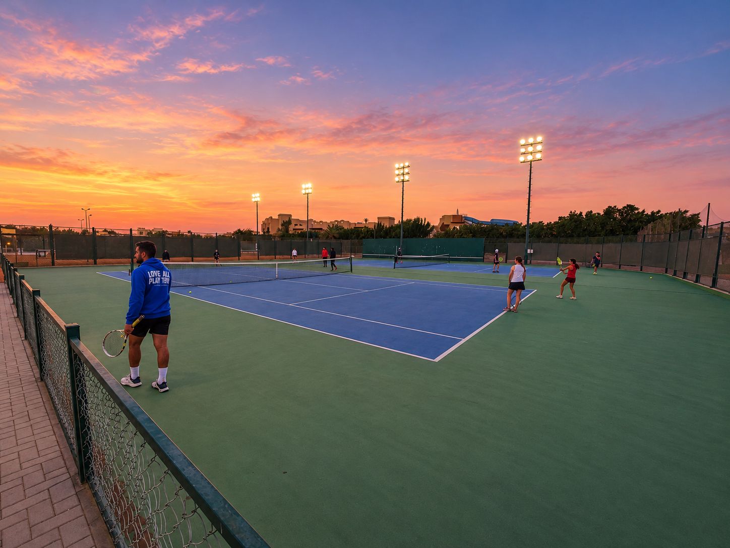 An evening academy session under floodlights on the hard courts at sunset