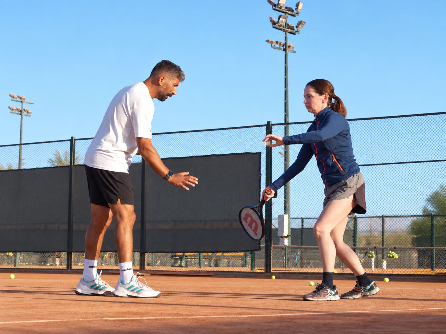 A coach guiding a player's forehand in a private lesson on clay