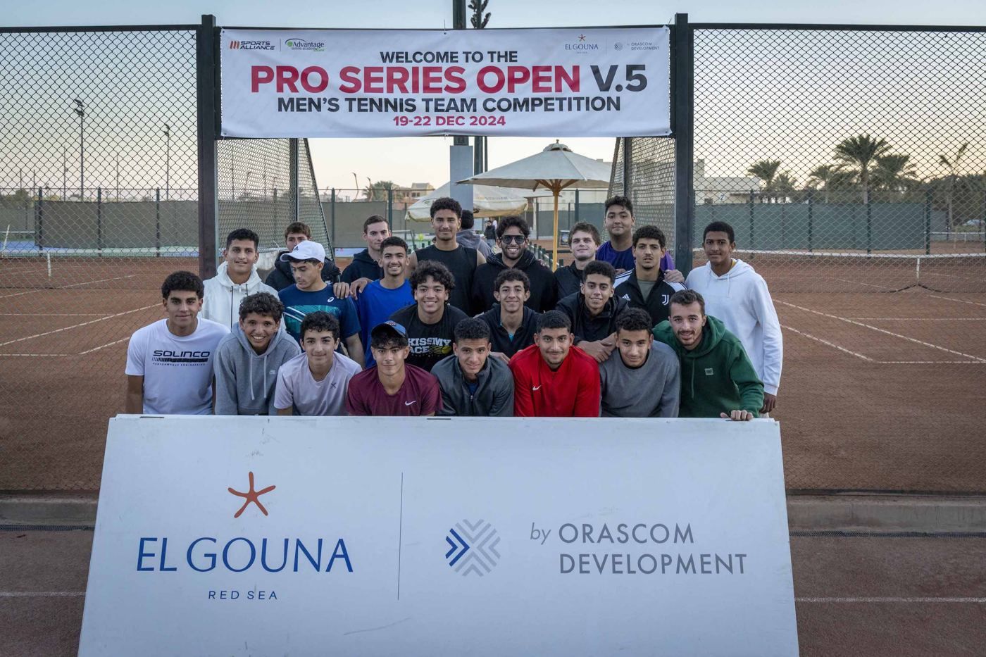 Players at the Pro Series Open V.5 welcome banner, December 2024