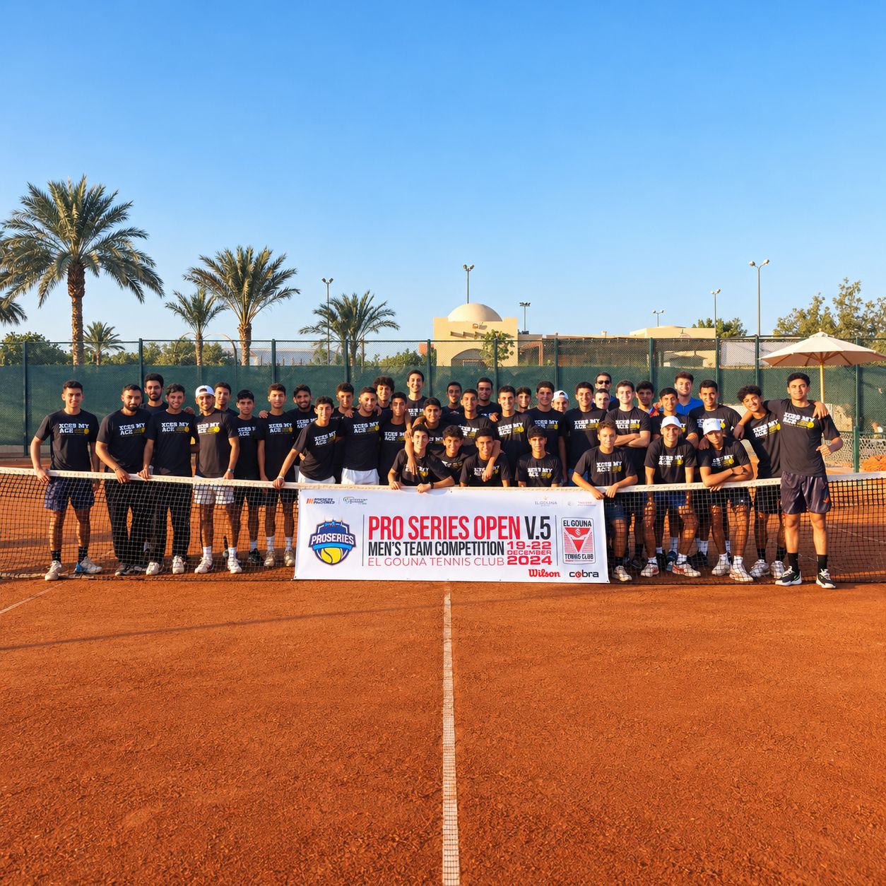 Players lined up at the net for the Pro Series Open men's team competition at El Gouna Tennis Club, December 2024