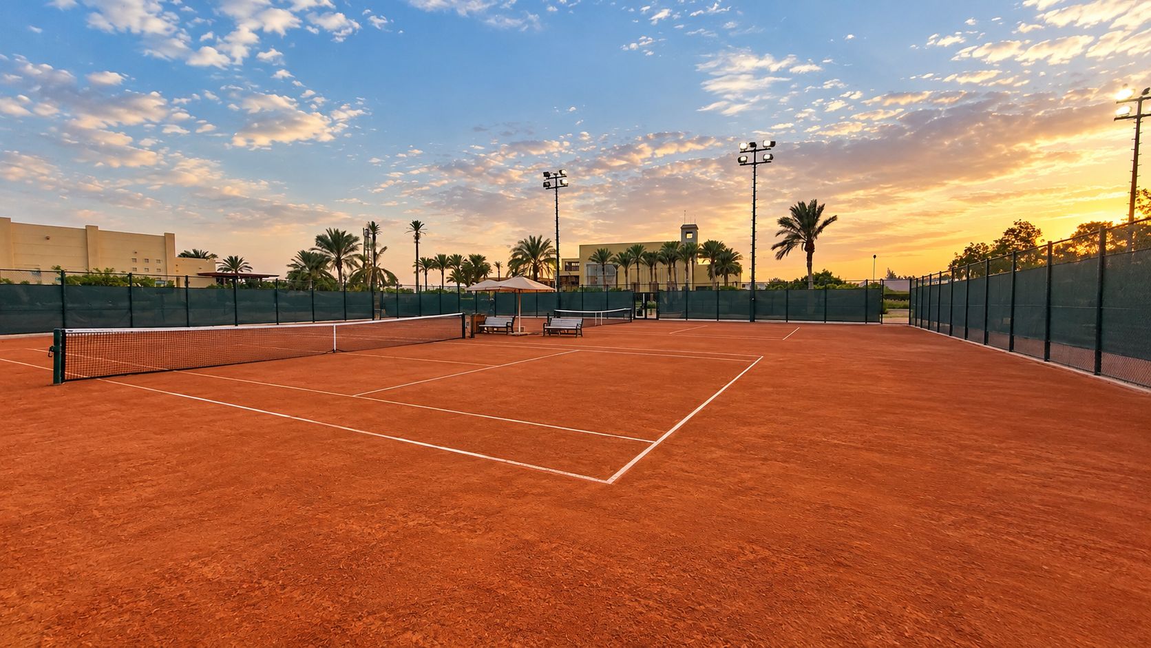 Freshly groomed clay courts at sunset, floodlights and palms behind